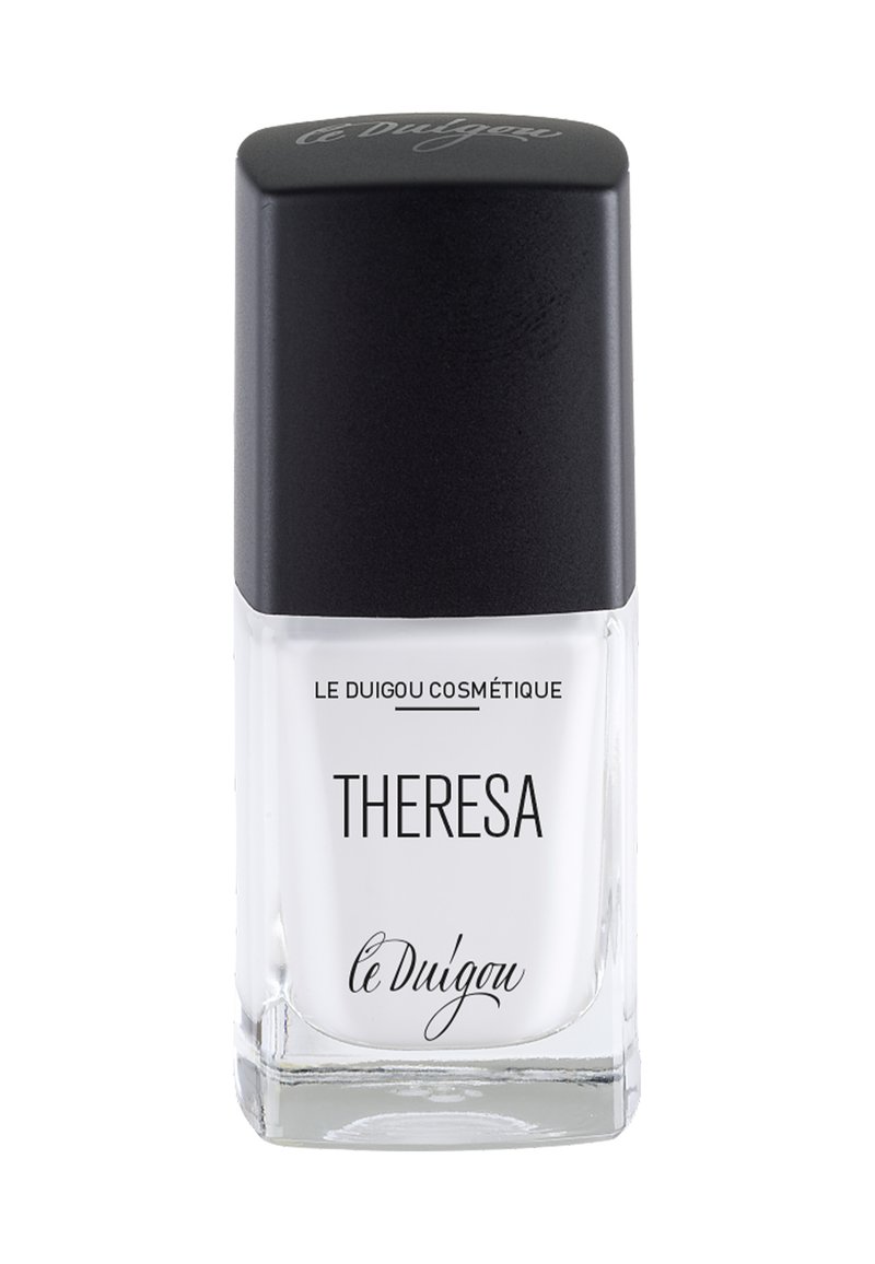 Nagellackflasche mit einem klaren Glasboden und einem quadratischen schwarzen Deckel. Das Etikett zeigt den Namen "THERESA" in fettem schwarzen Text.