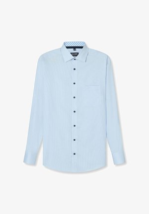 Hellblaues Herren-Hemd mit langen Ärmeln, schwarzen Knöpfen, einer Brusttasche vorne und einem gemusterten Innenkragen.