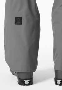Waterdichte grijze skibroek met een gladde textuur, voorzien van een zwart merkembleem en versterkte boorden voor compatibiliteit met laarzen.