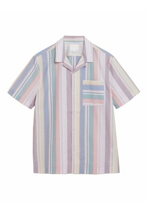 Koszula z krótkim rękawem zapinana na guziki, z pastelowymi pionowymi paskami w różowym, niebieskim, żółtym i zielonym, z kołnierzykiem i kieszenią na piersi dopasowaną do wzoru pasków.