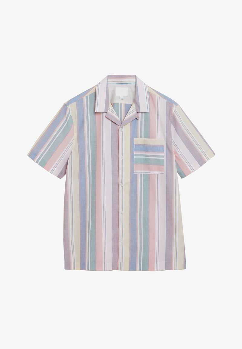 Chemise à manches courtes avec boutons, rayures verticales pastel en rose, bleu, jaune et vert, col avec poche poitrine assortie au motif à rayures.