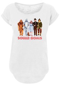 Hvit T-skjorte med kort erm som har et fargerikt grafisk motiv av karakterer og teksten "SQUAD GOALS" i fete røde prikker nederst.