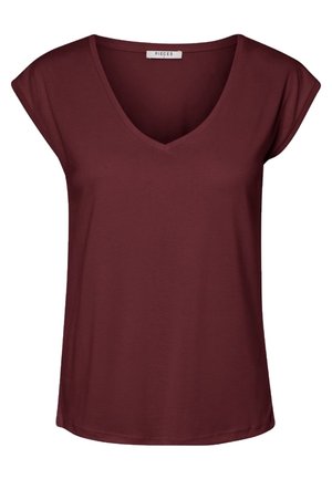 Camiseta de mujer de manga corta color burdeos con cuello en V y ajuste relajado.