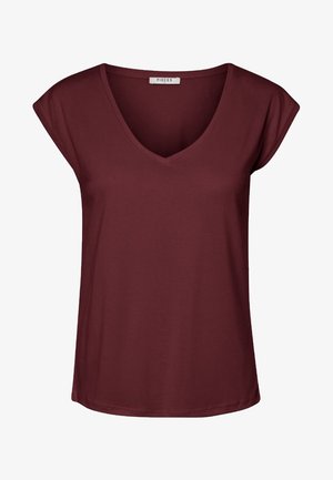 Vinrød kortærmet T-shirt til kvinder med V-udskæring og afslappet pasform.