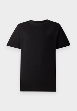 Schwarzes, kurzes T-Shirt mit Rundhalsausschnitt aus Baumwolle, flach auf einem weißen Hintergrund ausgelegt.
