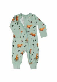 Ljusgrön overall med långa ärmar, prydd med lekfulla tryck av kor och cyklar, mjukt tyg och en central dragkedja för enkel påklädning.