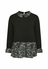 Top nero con maniche lunghe, caratterizzato da uno strato in peplum con stampa leopardata e un collo a camicia. Texture morbida con accenti a fantasie contrastanti.