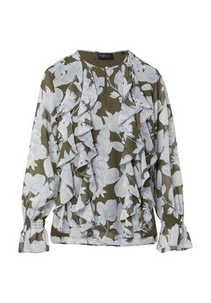 Kwiatowa bluzka w oliwkowym kolorze z jasnoniebieskimi wzorami kwiatowymi, falbanowym przodem, elastycznymi mankietami oraz okrągłym dekoltem z detalem w postaci guzika.
