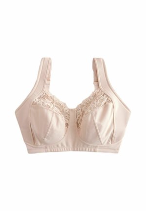 Soutien-gorge rose clair avec larges bretelles, détails en dentelle sur les bonnets, texture lisse satinée et design structuré pour le maintien.