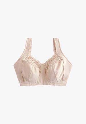 Soutien-gorge rose clair avec larges bretelles, détails en dentelle sur les bonnets, texture lisse satinée et design structuré pour le maintien.