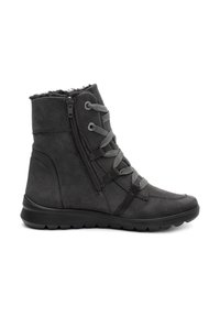 Schwarzer Wildleder-Winterstiefel mit grauen Schnürsenkeln, seitlichem Reißverschluss, gepolstertem Knöchelkragen und strukturierter schwarzer Gummisohle für Grip und Komfort.