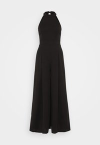 Mono negro con cuello halter, corsé ajustado, pantalones de pierna ancha y pliegues en el frente para una silueta estructurada. Textura de tela suave.