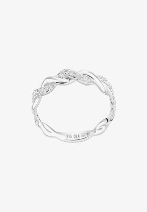 Diamantide aktsentidega hõbesõrmus, millel on keeratud disain ja poleeritud viimistlus. Siseosal olevad märgised näitavad metalli puhtust ja diameedi olemasolu.