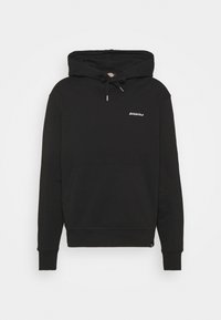 Černá mikina s kapucí vyrobená z bavlněné směsi, s přední klokankou, nastavitelnou kapucí a vyšitým logem "Dickies" na hrudi.