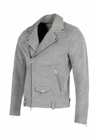Šedá semišová biker bunda s výrezom goliera, asymetrickým predným zipsom a dvoma vreckami na zips. Vyznačuje sa hladkou textúrou a kovovými kovaniami.