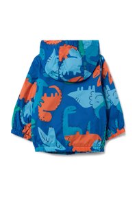 Veste de pluie bleue avec un motif de dinosaures en orange, vert et bleu-vert. Elle dispose d'une capuche et de poignets élastiques pour un ajustement réglable. Matériau imperméable.