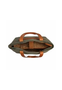 Borsa verde oliva con manici in pelle beige, dotata di chiusura a zip e tasca interna trapuntata. Design semplice, pratica per l'uso quotidiano.