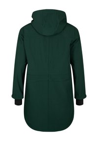 Groene, waterdichte jas met capuchon, lange mouwen met zwarte manchetten en een gebogen zoom. Minimalistisch ontwerp zonder zichtbare hardware.