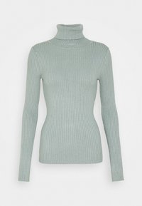Pull à col roulé côtelé vert menthe à manches longues, avec une silhouette ajustée et un motif de tissu texturé.