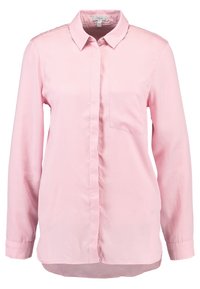Pink long-sleeve button-up shirt made of smooth fabric, featuring a single chest pocket and a straight hem with a slight curve.