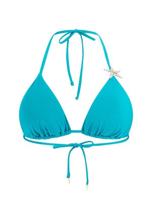Turquoise bikini top with triangle cups, adjustable ties, and gathered fabric at the base. Features a starfish accent with rhinestones.