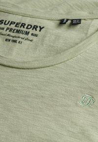 T-shirt Superdry verde chiaro con scollo rotondo, scritta del marchio all'interno del colletto e piccolo logo ricamato sul petto.