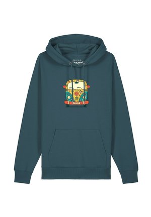 Turquoise hoodie met een voorzak en een kleurrijke vintage bus afbeelding met vredessymbool en bloemen op de borst.