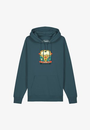 Türkisfarbener Hoodie mit Fronttasche und bunter Vintage-Van-Grafik mit Friedenssymbol und Blumen auf der Brust.