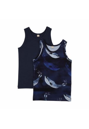 Two sleeveless kids' tops, one solid dark blue and one dark blue with white and blue whale prints.