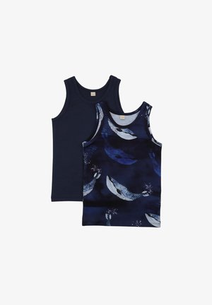 Two sleeveless kids' tops, one solid dark blue and one dark blue with white and blue whale prints.