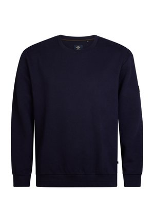 Marineblauwe sweatshirt met een gestructureerd patroon van verhoogde diamanten, ronde hals, ribgebreide manchetten en onderrand; zachte stof, casual ontwerp.