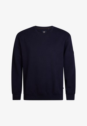 Sweatshirt bleu marine au motif texturé de losanges en relief, col rond, poignets et ourlet côtelés ; tissu lisse, design décontracté.