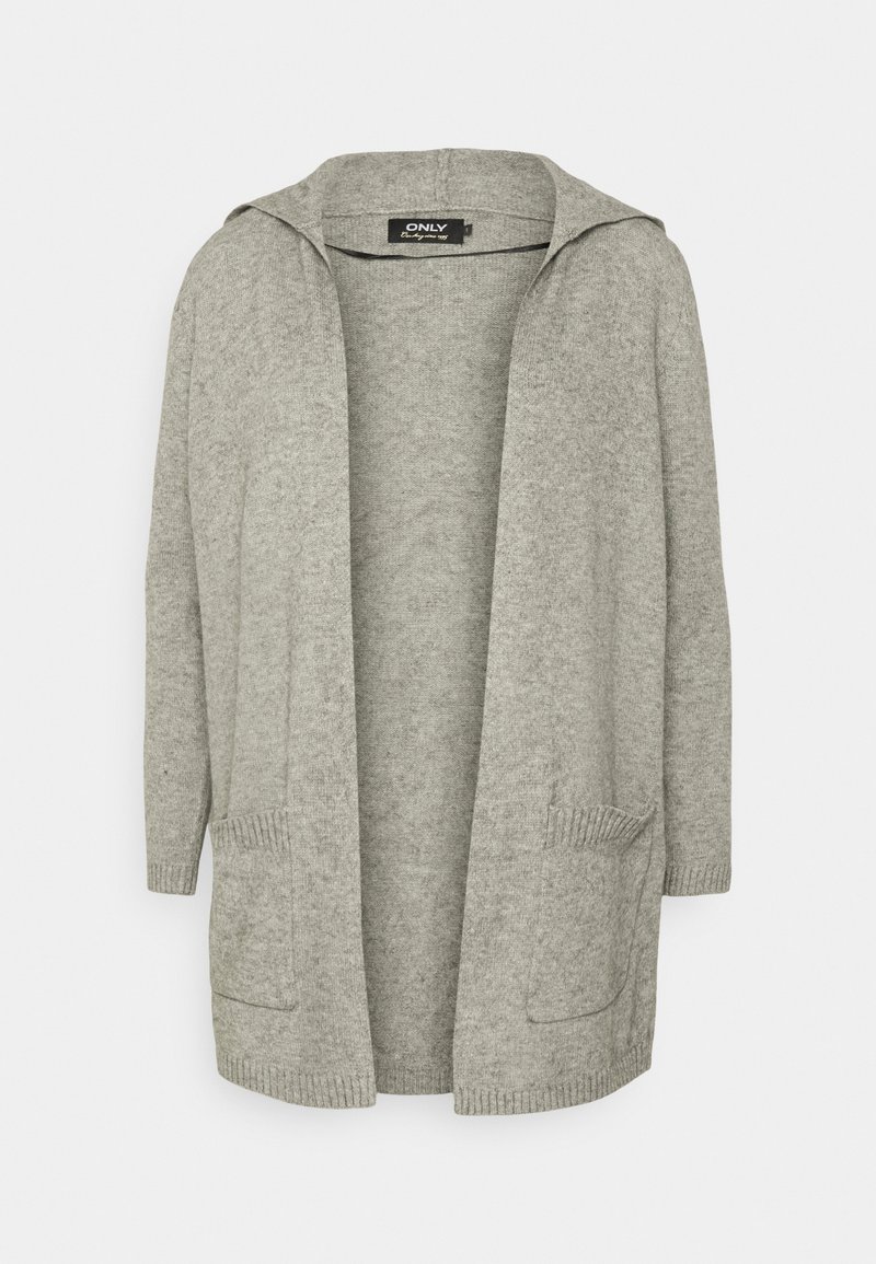 Cardigan en maille gris clair à ouverture frontale, avec capuche, manches longues, deux poches avant, poignets et ourlet côtelés.