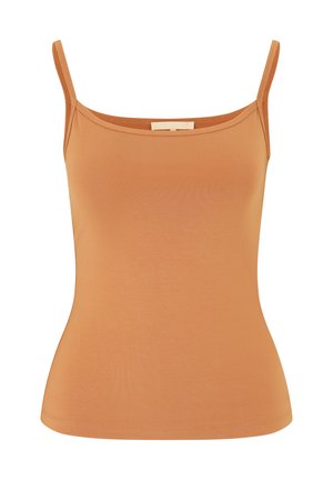 Top a maniche sottili color ruggine realizzato in un tessuto liscio e elasticizzato. Presenta spalline sottili e un design aderente con scollatura a barchetta.