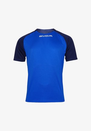 Kortærmet atletisk skjorte med en lys blå farve og marineblå detaljer på skuldrene. Lavet af glat, letvægtsstof.