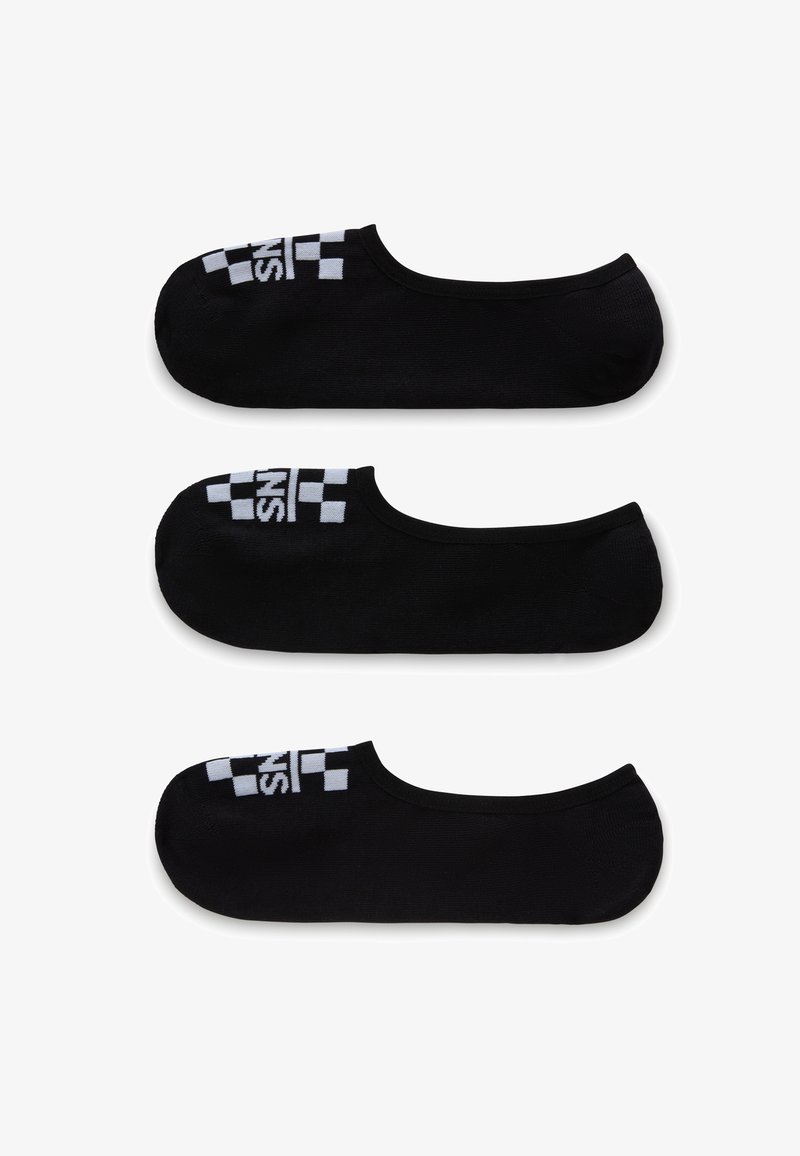 Calcetines invisibles negros con patrón a cuadros blancos y logo en el talón. Tejido suave, diseño de corte bajo y textura suave. Conjunto de tres pares.