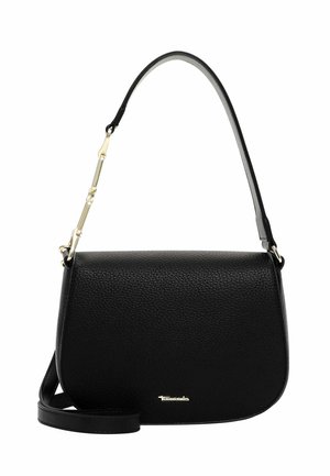 Black leather shoulder bag with a pebbled texture, gold hardware accents, and a curved shape. Features a detachable strap for versatility.