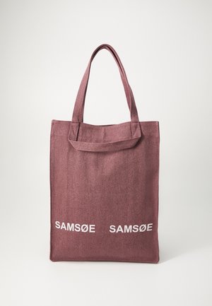 Mauve fabric tote bag with two handles, featuring white "SAMSØE SAMSØE" text near the bottom center on a plain background.