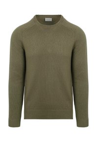 Olijfgroene gebreide trui met een geribde halslijn en boorden. Heeft een gladde textuur en raglanmouwen voor een comfortabele pasvorm.