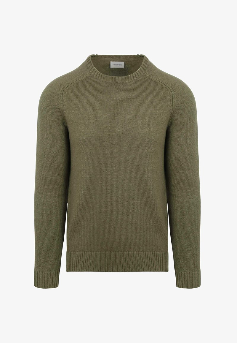 Olijfgroene gebreide trui met een geribde halslijn en boorden. Heeft een gladde textuur en raglanmouwen voor een comfortabele pasvorm.