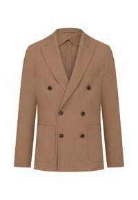 Brun dobbelbrystet blazer i tekstureret stof med to forlommer og sorte knapdetaljer. Klassisk reversdesign, uden foring.