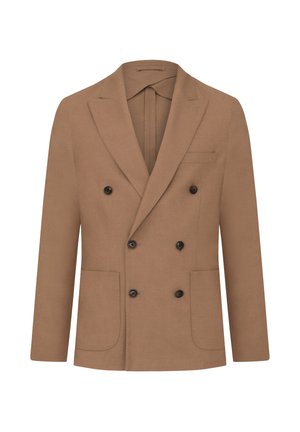 Brauner doppelt-knopflicher Blazer aus strukturiertem Stoff, mit zwei Vordertaschen und schwarzen Knopfakzenten. Klassisches Reversdesign, ungefüttertes Innenfutter.