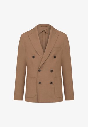 Blazer marron à double boutonnage en tissu texturé, avec deux poches avant et des accents en bouton noir. Design classique avec revers, intérieur non doublé.
