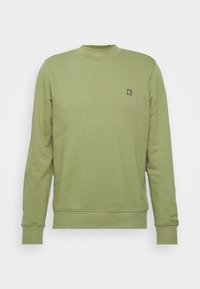 Sudadera verde claro con cuello redondo, puños y dobladillo acanalados. Presenta una pequeña etiqueta de logo en el lado izquierdo del pecho. Tejido suave y texturizado.