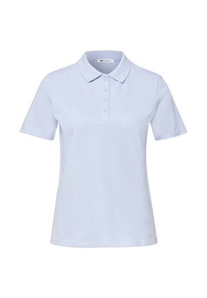 Lyseblå kortærmet polo skjorte med krave og fire knapper ned foran, vist på en ensfarvet baggrund.