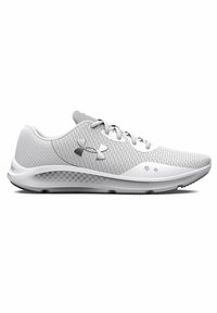 White athletic shoes with a textured mesh upper, featuring a cushioned sole, grey accents, and laces. Brand logo displayed on the side.