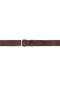 Ceinture en cuir marron avec une texture lisse, boucle en métal argenté et cinq trous réglables pour la taille. Design plat, sans motifs visibles.