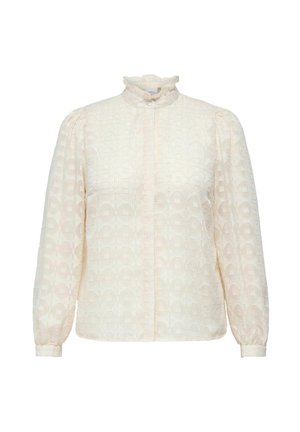 Krämfärgad blus med hög volangkrage, långa puffärmar, subtil geometrisk mönstring och knappstängning fram. Texturerad tyg.