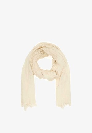 Hellbeiger weicher Stoffschal mit dezenten ausgefransten Kanten, locker geschlungen mit herunterhängenden Enden vor weißem Hintergrund.