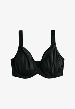 Schwarzer Bügel-Bra aus glattem Stoff mit Spitzenakzenten, ausgestattet mit zwei verstellbaren Trägern und einem klassischen Dreifachverschluss auf der Rückseite.